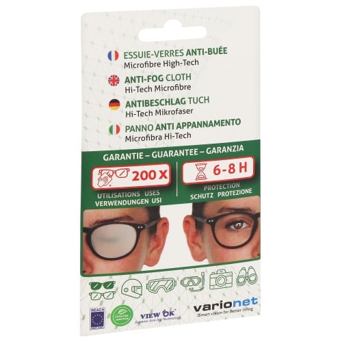 VARIONET - Essuie-verres Microfibre Anti-Buée Vert - Format 15 x18cm - Livré avec étui vinyle à pression - 6 à 8 h de protection - pour 200 utilisations