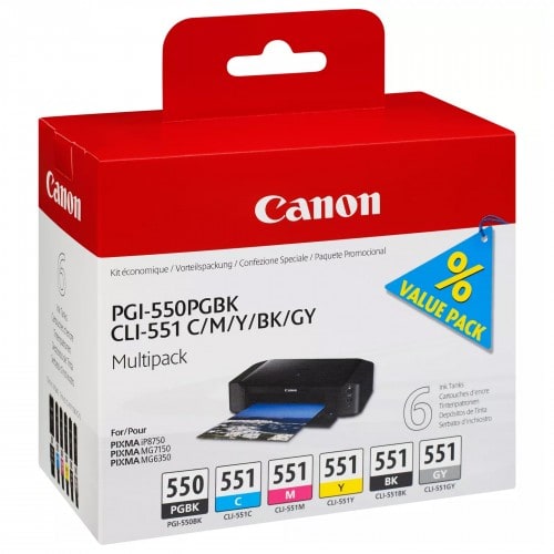 CANON - Cartouche d'encre Pixma - PGI-550 PGBK / CLI-551 BK/C/M/Y/GY - Multipack de 6 encres (Noir pigmenté, Cyan, Magenta, Jaune, Noir,Gris)