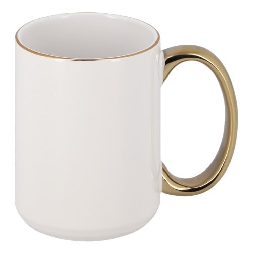 Mug céramique 445ml (15oz) - Blanc/poignée et bordure or - Qualité AAA - Vendu par 12