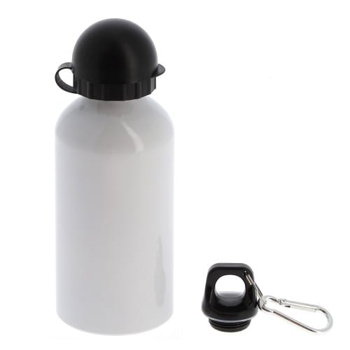 Gourde 500ml (17oz) Aluminium blanc - Embout buccal à pression, couvercle, bouchon à vis et mousqueton - Diamètre 73mm
