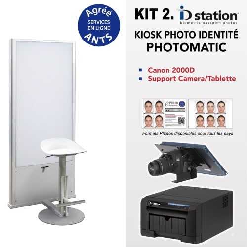 ID STATION - Kiosk photo identité Kit Photomatic - Imprimante + tablette + logiciel bio. + CANON 2000D + câble 5m + support + Fond Flash + Siège + Pack ANTS 1000 + installation et formation