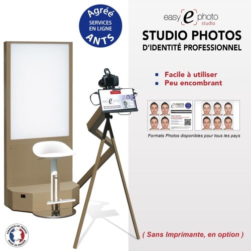 EASY E PHOTO - Kiosk photo identité EASY EPHOTO STUDIO - Tablette tactile 11,6" + Canon 4000D + Contrôle biométrique + Fond flash avec siège & bras levier, sans imprimante