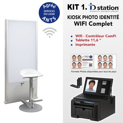 ID STATION - Kiosk photo identité Kit Wifi + imprimante + tablette + logiciel bio. + contrôleur CamFi + Fond Flash + Siège + Pack ANTS 1000 + installation et formation