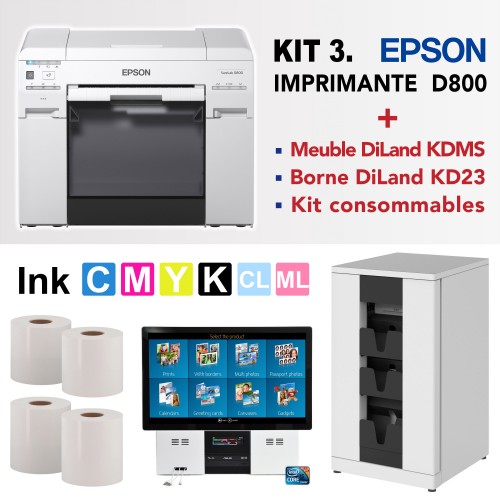 EPSON - Kit imprimante jet d'encre SureLab D800 + meuble et kiosk Diland KD23 + 6 encres + 4 rouleaux de papier + Installation et formation