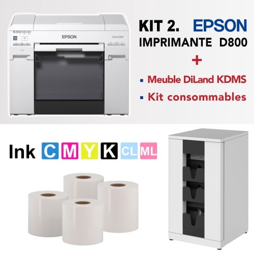 EPSON - Kit imprimante jet d'encre SureLab D800 + 1 meuble Diland + 6 cartouches d'encre + 4 rouleaux de papier (2 en 152mm et 2 en 203 brillant)