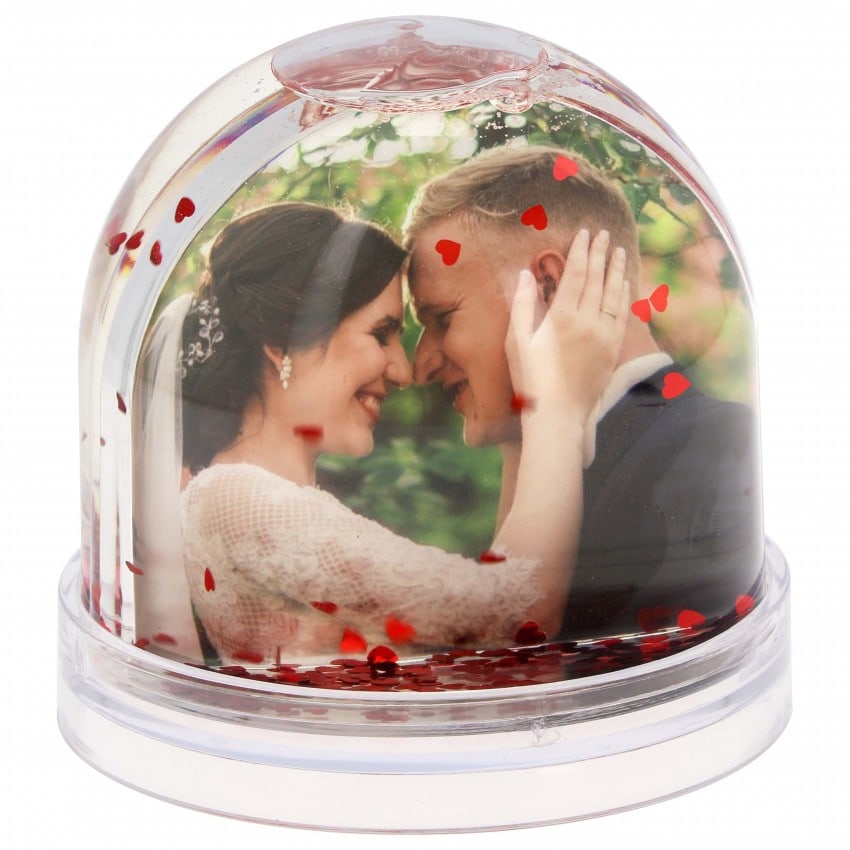 Boule à neige TECHNOTAPE avec insertion photo - Paillettes cœurs rouges - Dim. 8,9x7,5cm