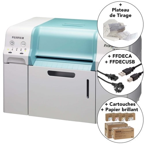 FUJI - Kit imprimante DE100 + Plateau de Tirage + kit consommables : 1 jeu d'encre CMJN + 4 rlx de papier (2 x 152mm+2 x 210mm brillant) + Câble USB
