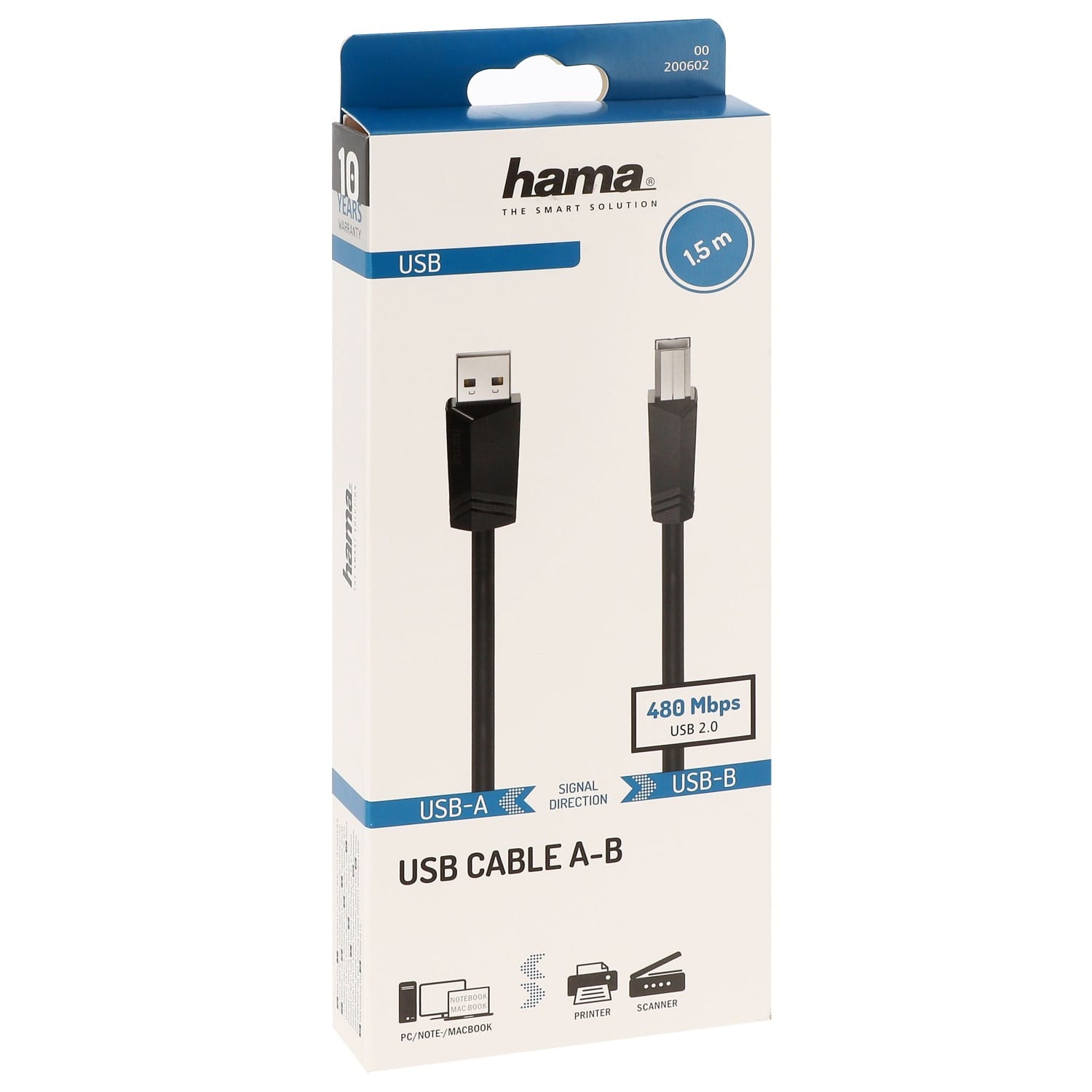 Câble HAMA USB A-Mâle vers B-Mâle (USB 2.0 - 480 Mbit/s) - Noir - 1,50 mètre
