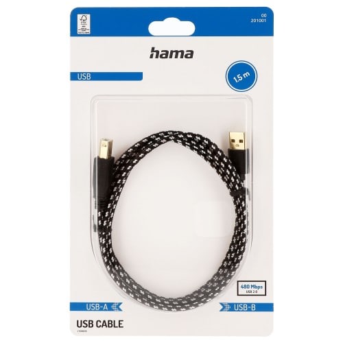 HAMA - Câble USB A-Mâle vers B-Mâle (USB 2.0 - 480 Mbit/s) - Connecteurs plaqués or - Textile tressé - 1,50 mètre