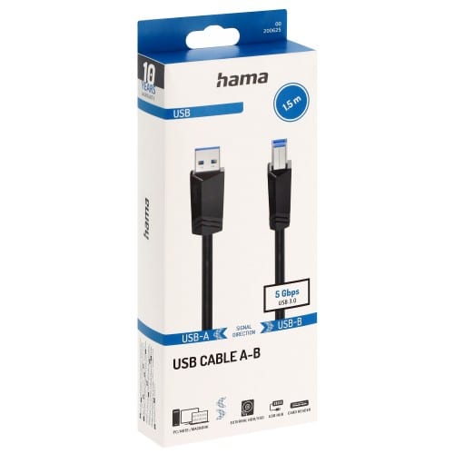 HAMA - Câble Câble USB A-Mâle vers B-Mâle (USB 3.0 - 5 Gbit/s) - Noir - 1,50 mètre