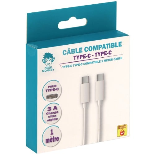 GEEK MONKEY - Câble USB-C vers USB-C - Charge rapide 3A - 1 mètre - Blanc