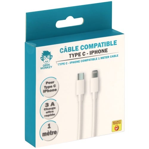 Câble GEEK MONKEY USB-C vers Lightning (Apple) - Charge rapide 3A - 1 mètre  - Blanc