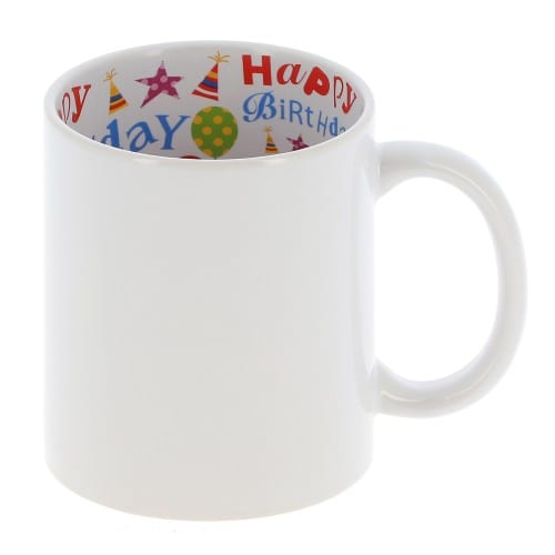 Mug céramique 330ml (11oz) Blanc - Intérieur "Happy Birthday" - Qualité AAA - Diamètre 82mm - Vendu par 12