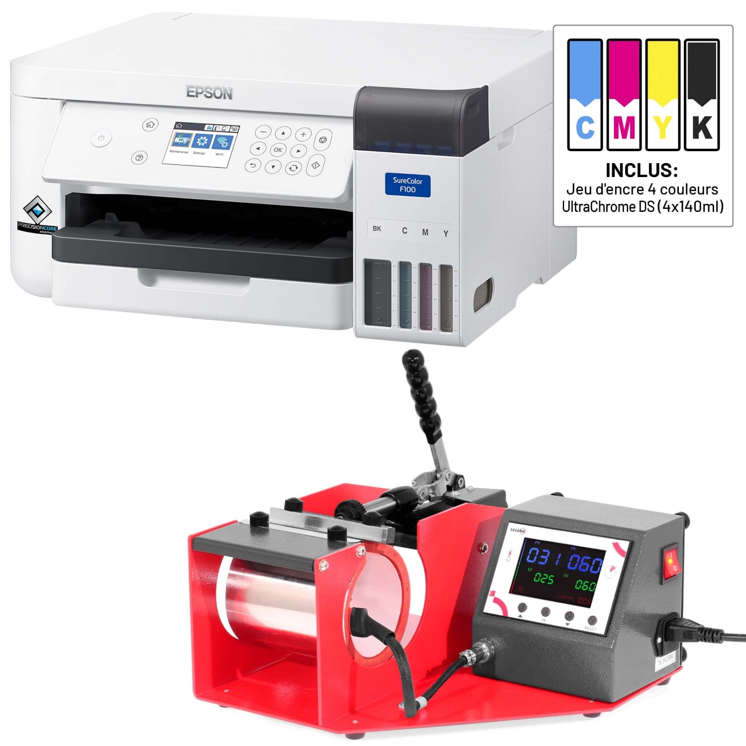Kit Imprimante + Presse(s) EPSON - EPSON SC-F100 + 1 jeu d'encre + SECABO  TM1 pour mugs