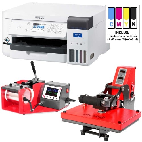 EPSON - Kit Imprimante + Presse(s) - EPSON SC-F100 + 1 jeu d'encre + SECABO TM1 pour mugs + SECABO TC2 à plat 23x33cm