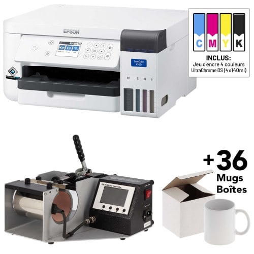 EPSON - Kit Imprimante + Presse(s) EPSON SC-F100 + 1 jeu d'encre + Presse pour mug TRANSMAX + 36 mugs + 36 boîtes en carton