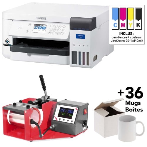 EPSON - Kit Imprimante + Presse(s) EPSON SC-F100 + 1 jeu d'encre + Presse pour mug SECABO + 36 mugs + 36 boîtes en carton