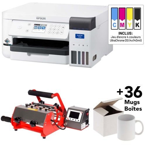 EPSON - Kit Imprimante + Presse(s) EPSON SC-F100 + 1 jeu d'encre + Presse pour 2 mugs SECABO + 36 mugs + 36 boîtes en carton
