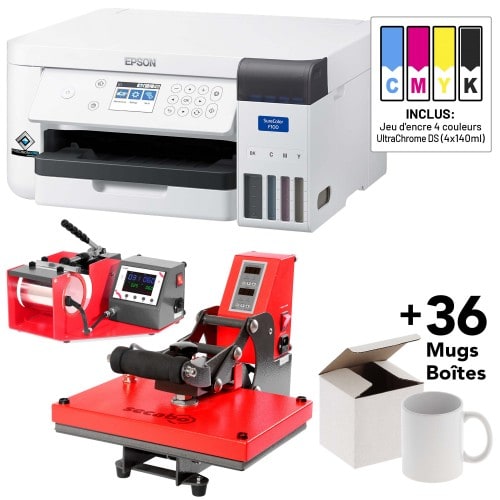 EPSON - Kit Imprimante + Presse(s) EPSON SC-F100 + 1 jeu d'encre + Presse pour mug SECABO + Presse à plat 23x33cm + 36 mugs + 36 boîtes en carton