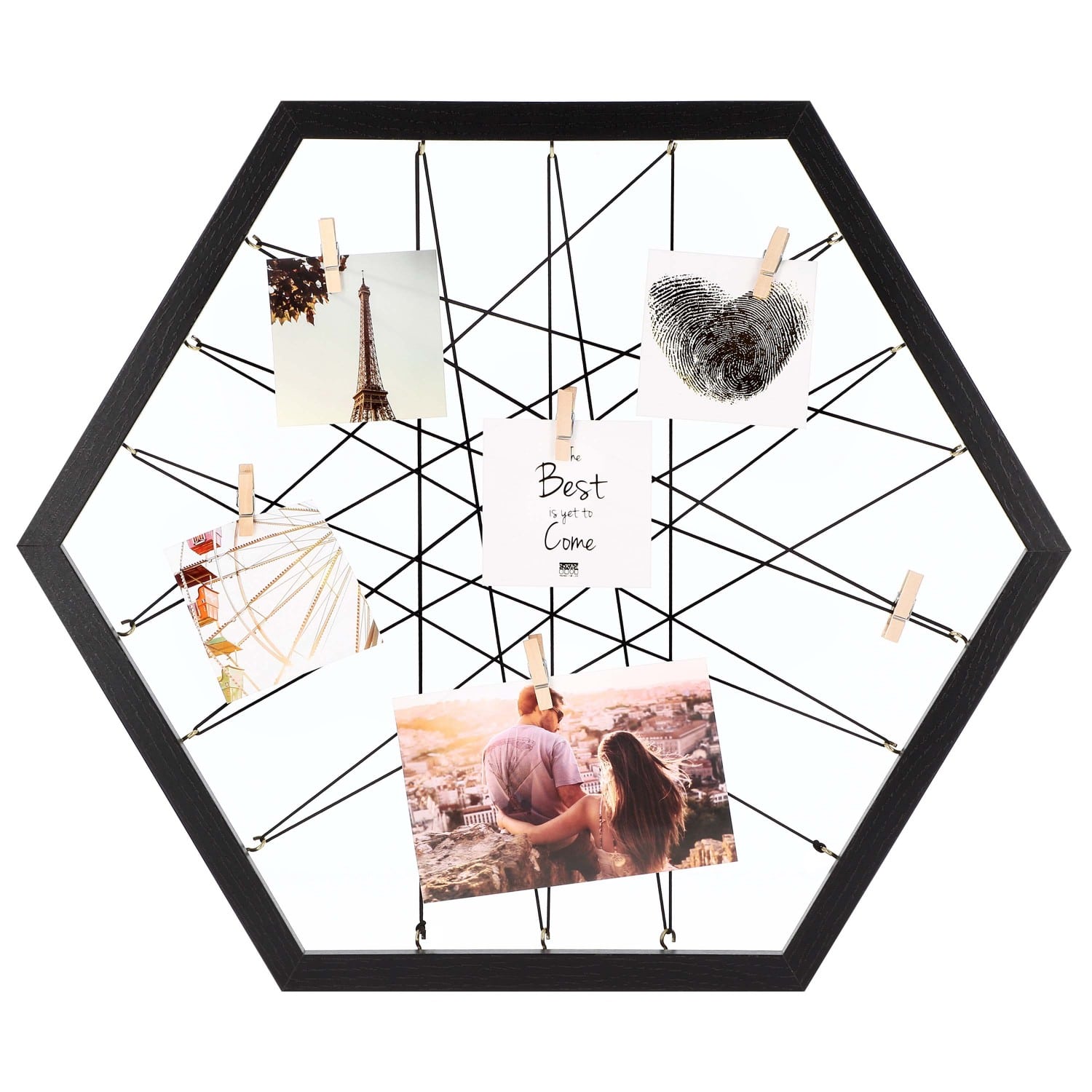 DEKNUDT - Cadre photo pêle-mêle / multivues - S68VB - hexagonal avec pinces  à linge - Noir - 40x40cm