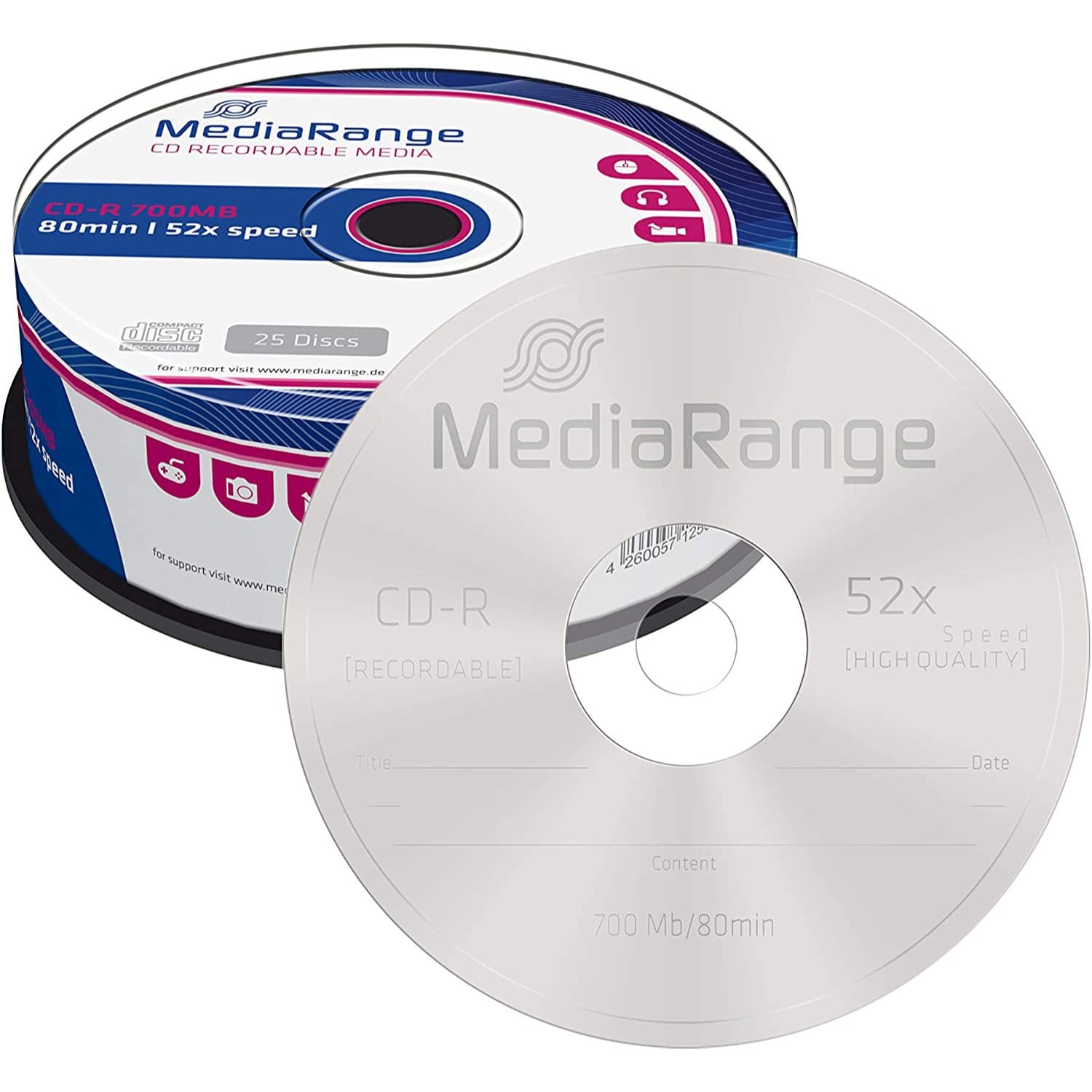 CD-R MEDIARANGE 700 Mo / 80min - Vitesse 52x - Tour de 25