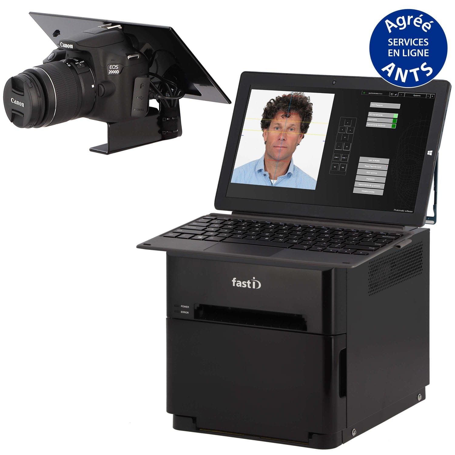 Kiosk photo identité FastID - Imprimante CZ-01 + tablette W11 + Canon 2000D  + câble 5m + support + logiciel biométrique Photomatic + consommable  (10400040) pour 300 tirages 10x15 cm