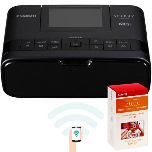 CANON - Kit imprimante Selphy CP1300 noire + consommable papier (RP-108)  pour 108 tirages 10x15cm - Ecran LCD inclinable de 8,1cm - Impression Wifi direct Smartphone