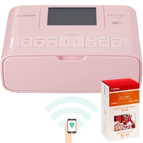 CANON - Kit imprimante Selphy CP1300 rose + consommable papier (RP-108)  pour 108 tirages 10x15cm - Ecran LCD inclinable de 8,1cm - Impression Wifi direct Smartphone