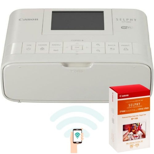 CANON - Kit imprimante Selphy CP1300 blanche + consommable papier (RP-108)  pour 108 tirages 10x15cm - Ecran LCD inclinable de 8,1cm - Impression Wifi direct Smartphone