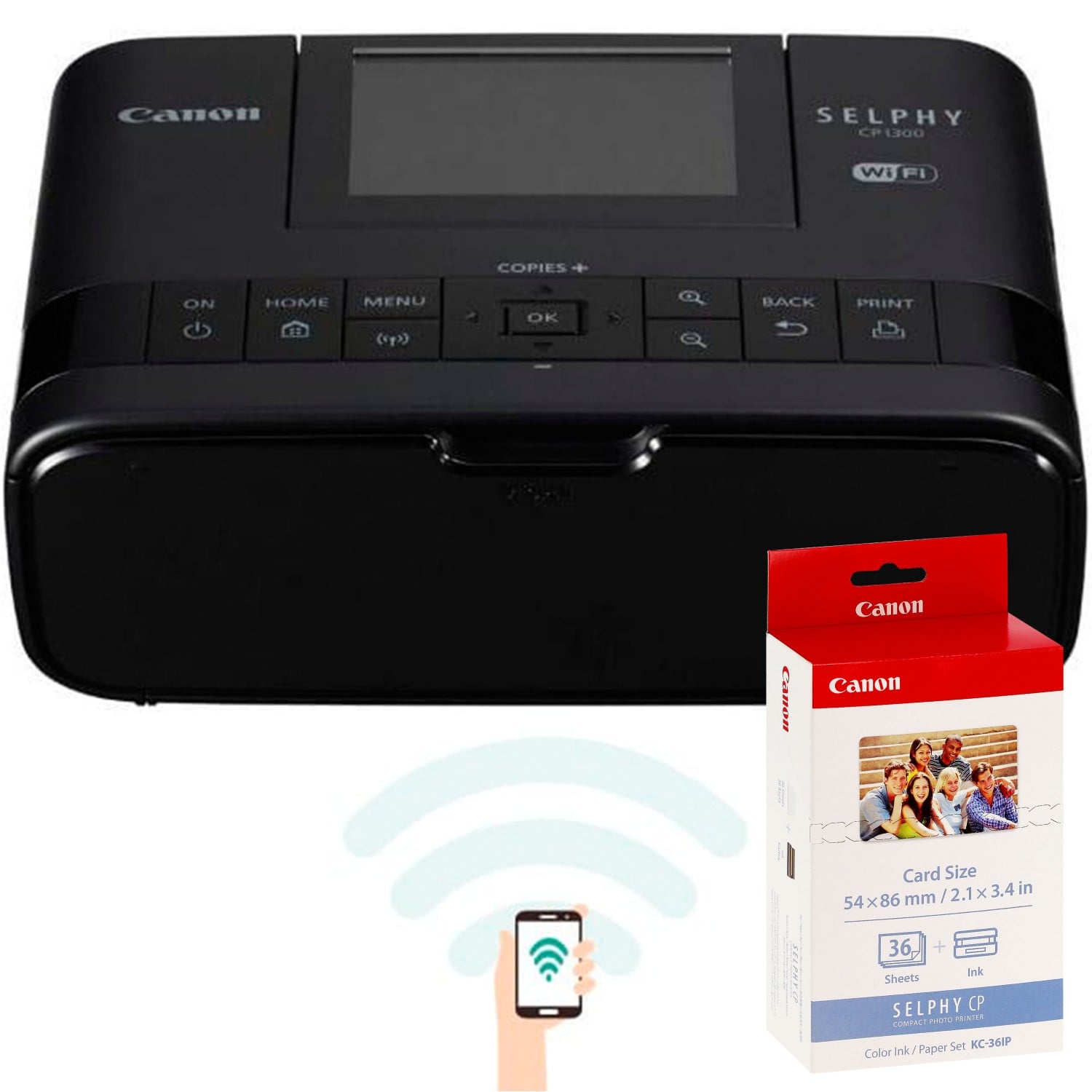CANON - Kit imprimante Selphy CP1300 noire + consommable papier (KP-36IP)  pour 36 tirages 10x15cm - Ecran LCD inclinable de 8,1cm - Impression Wifi