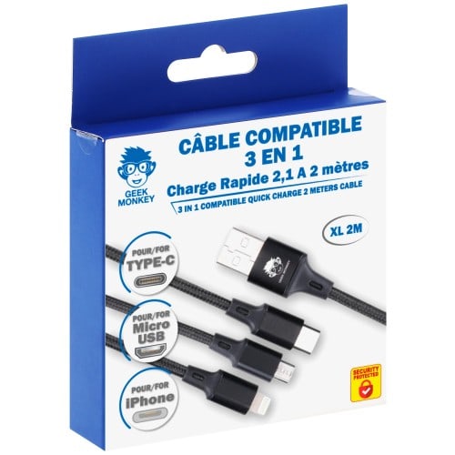 Câble compatible 3 en 1 Micro USB/IPhone/Type-C 2.1 A Quick charge