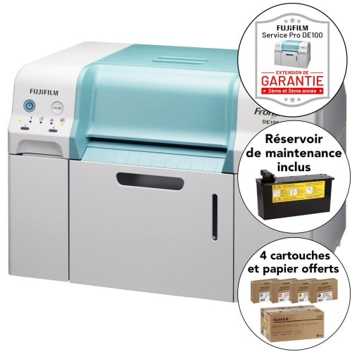 FUJI - Kit imprimante DE100-XD + consommables : 1 jeu d'encres CMJN + 2 rlx de papier 152mm brillant + réservoir de maintenance + câble USB + Ext. garantie 2e et 3e année