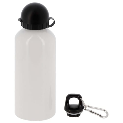 Gourde 600 ml (20oz) Aluminium blanc - Embout buccal à pression, couvercle, bouchon à vis et mousqueton - Diamètre 73mm