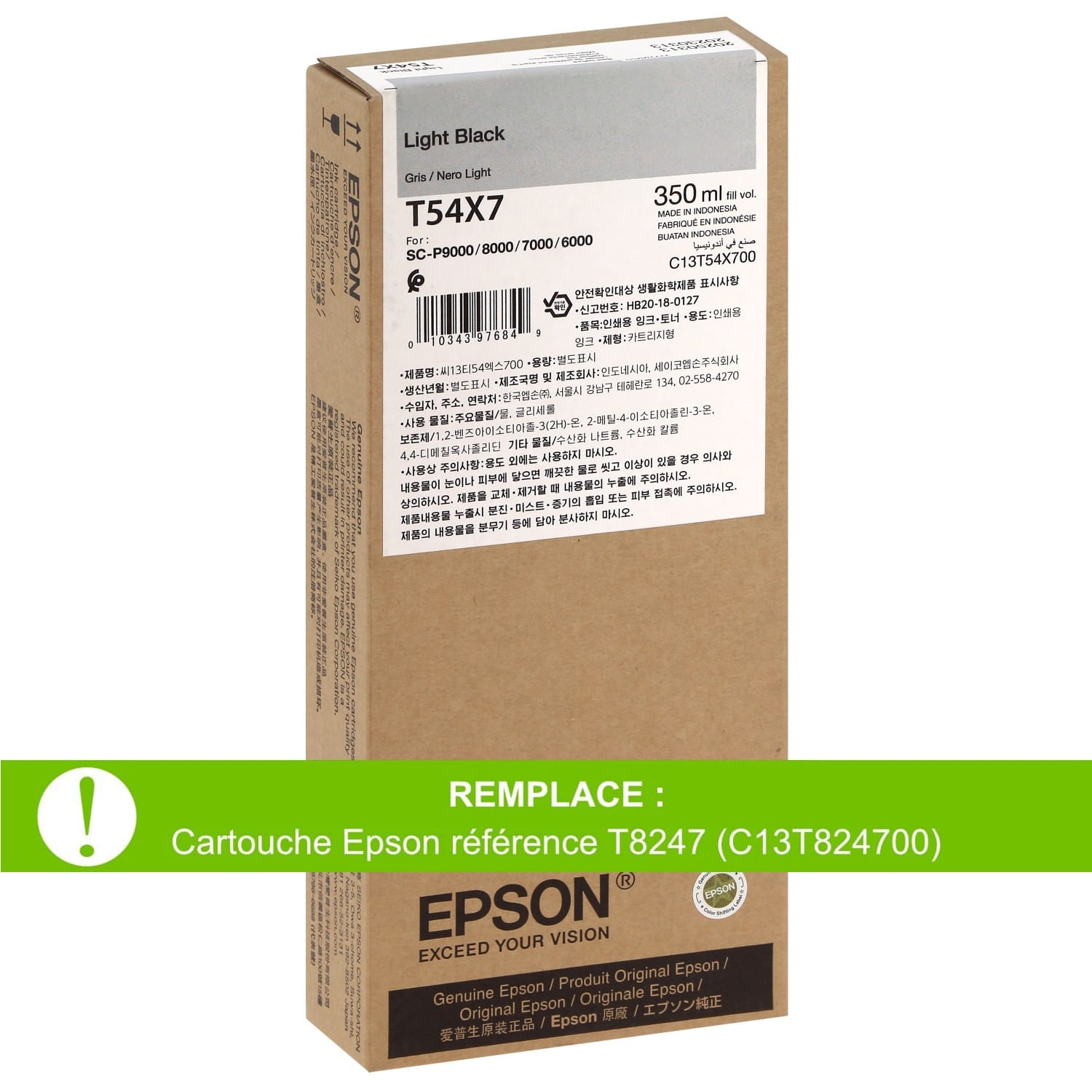 Cartouche d'encre traceur EPSON T54X7 pour imprimante SureColor  SC-P6000/P7000/P8000/P9000 Light Black - 350ml (Remplace la réf. T8247)