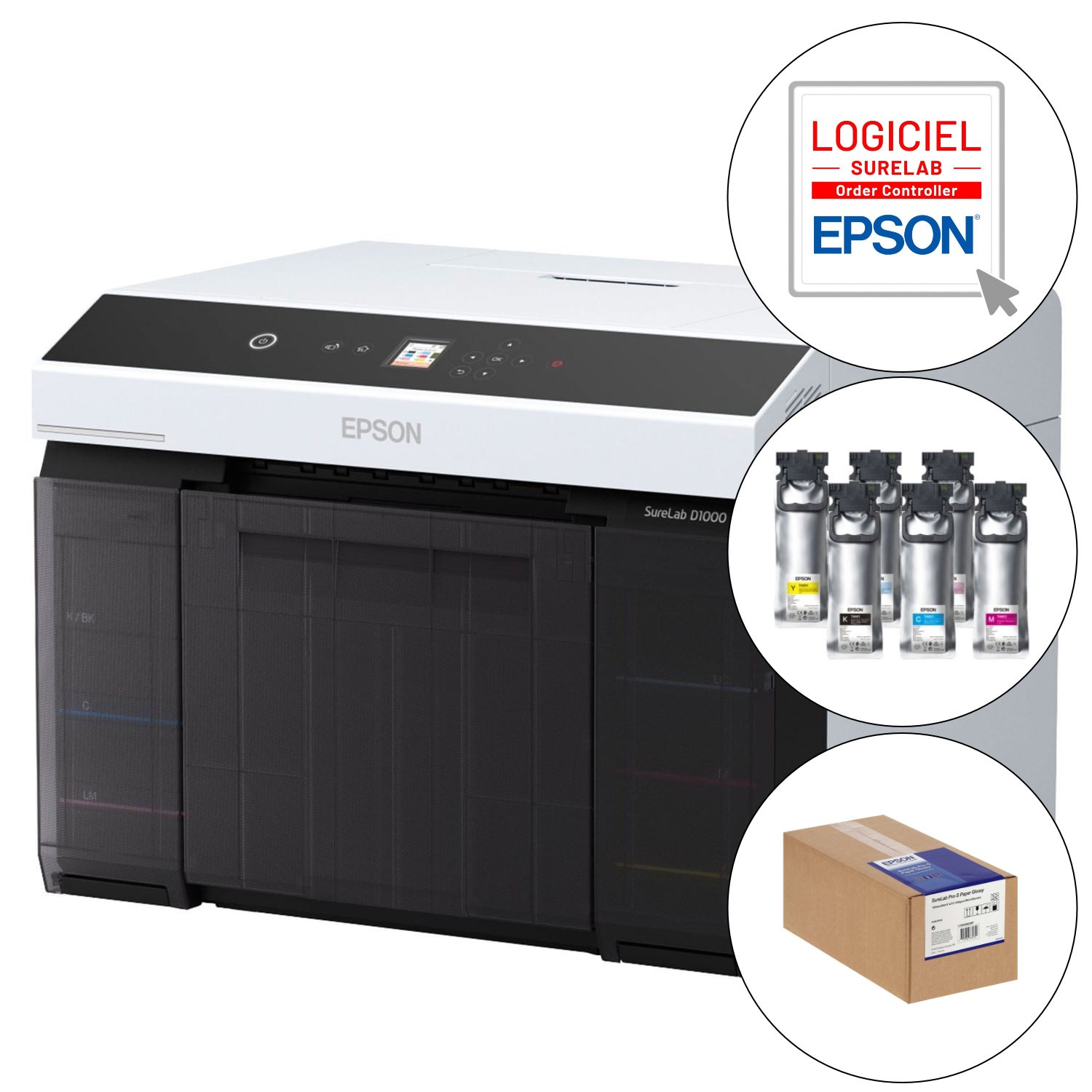 Kit imprimante EPSON SureLab D1000 + 1 licence Order Controller Light + 1  jeu d'encre + carton de papier 2 rouleaux de 152mm brillant SureLab Pro-S  254g