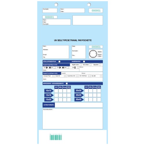 Pochette d''ordre BLEU - Carton de 500 (avec code barre et ticket client détachable)