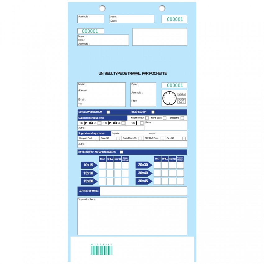 Pochette d''ordre BLEU - Carton de 500 (avec code barre et ticket client détachable)