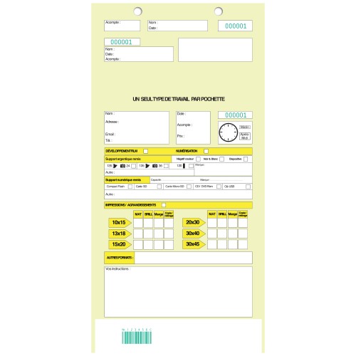 MB TECH - Pochette d'ordre - JAUNE - Largeur 18cm - Carton de 500 (avec souche perforée, code barre et ticket client)