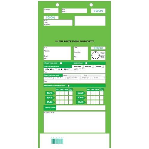 MB TECH - Pochette d'ordre - VERT - Largeur 18cm - Carton de 500 (avec souche perforée, code barre et ticket client)