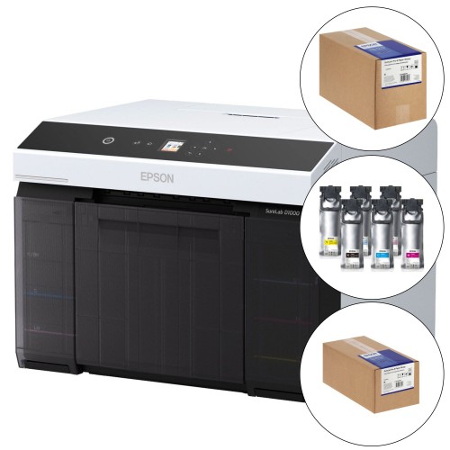 EPSON - Kit imprimante SureLab D1000 + 1 jeu d'encre 6 couleurs + carton de papier 2 rouleaux de 152mm SureLab Pro-S 254g et 2 rouleaux de 203mm SureLab Pro-S 254g (Brillant)