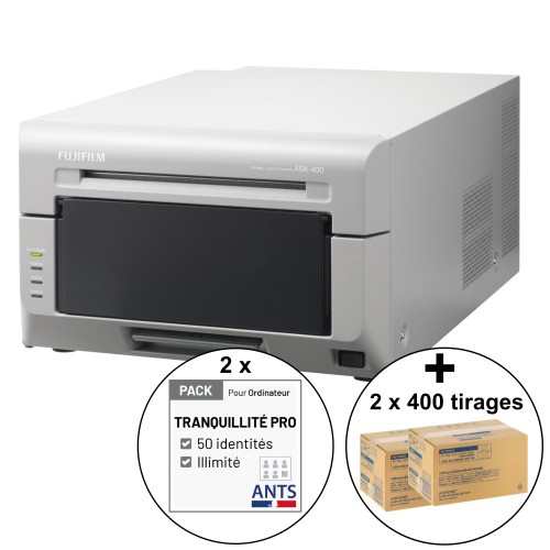 FUJIFILM - Kit imprimante thermique ASK400 + 2 cartons de consommables 10x15cm de 400 tirages chacun + Pack ANTS (100 planches)