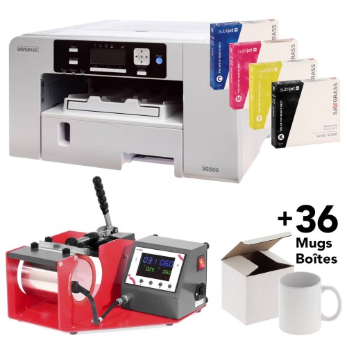 Sawgrass SG500 + 1 jeu d'encre + Presse pour mug SECABO + 36 mugs + 36 boîtes en carton